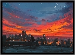 Paintography, Zachód słońca, Miasto, Domy, Panorama, Para, Zakochanych