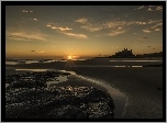 Anglia, Zamek Bamburgh, Plaża, Zachód Słońca, Morze Północne