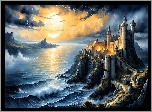 Grafika, Morze, Skały, Zamek, Słońce, Chmury, Fantasy