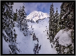 Zaśnieżony, Wodospad, Myrtle Falls, Park Narodowy Mount Rainier, Zima, Drzewa, Góry, Góra, Mount Rainier, Stan Waszyngton, Stany Zjednoczone