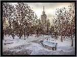 Zima, Moskwa, Uniwersytet, Park, Ławki, Śnieg