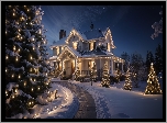 Zima, Śnieg, Dekoracja, Noc, Dom, Choinki, Światła, Droga, Boże Narodzenie