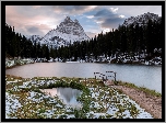 Zima, Jezioro Antorno Lake, Góry, Dolomity, Masyw Tre Cime di Lavaredo, Las, Drzewa, Mostek, Prowincja Belluno, Włochy