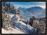 Góry, Alpy Salzburskie, Kościół, Drzewa, Zima, Sanktuarium Maria Gern, Berchtesgaden, Bawaria, Niemcy