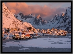 Góry, Zima, Wioska, Reine, Domy, Lofoty, Norwegia