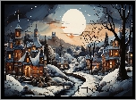 Zima, Domy, Drzewa, Kanał, Słońce, Księżyc, Gwiazdy, Śnieg, 2D