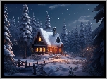Zima, Dom, Drzewa, Las, Śnieg, Ogrodzenie, Ścieżka, Światła, Noc, 2D