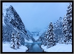 Kanada, Prowincja Alberta, Park Narodowy Banff, Góry, Jezioro Lake Louise, Zima, Świerki