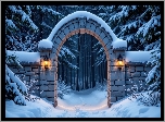 Zima, Murowana, Brama, Łuk, Dwa, Lampiony, Śnieg, Ośnieżone, Drzewa