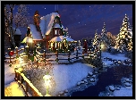 Dom, Oświetlenie, Śnieg, Zima, Choinki, Latarnie, 2D