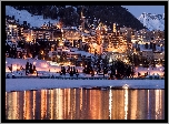 Zima, Domy, Jezioro St. Moritz, Wieczór, Oświetlona, Miejscowość, Sankt Moritz, Kanton Gryzonia, Szwajcaria