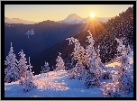 Zima, Góry, Drzewa, Las, Wschód słońca