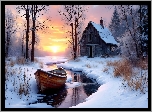 Zima, Dom, Rzeka, Łódź, Śnieg, Drzewa, Zachód słońca, AI