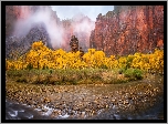 Park Narodowy Zion, Skały, Drzewa, Jesień, Rzeka, Stan Utah, Stany Zjednoczone