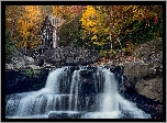 Drzewa, Jesień, Rzeka, Skały, Młyn wodny, Glade Creek Grist Mill, Park Babcock State, Wirginia Zachodnia, Stany Zjednoczone