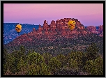 Balony, Skały, Góry, Drzewa, Sedona, Arizona, Stany Zjednoczone