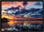 Jezioro, Chatfield Lake, Chmury, Wschód słońca, Kolorado, Stany Zjednoczone