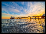 Morze, Plaża, Molo, Wschód słońca, Malibu, Kalifornia, Stany Zjednoczone