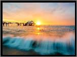 Zachód słońca, Morze, Molo, Malibu, Kalifornia, Stany Zjednoczone