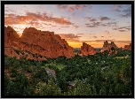 Wschód słońca, Chmury, Skały, Drzewa, Formacje skalne, Park, Garden of the Gods, Colorado Springs, Kolorado, Stany Zjednoczone