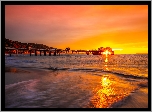 Morze, Plaża, Molo, Zachód słońca, Odbicie, Malibu, Kalifornia, Stany Zjednoczone