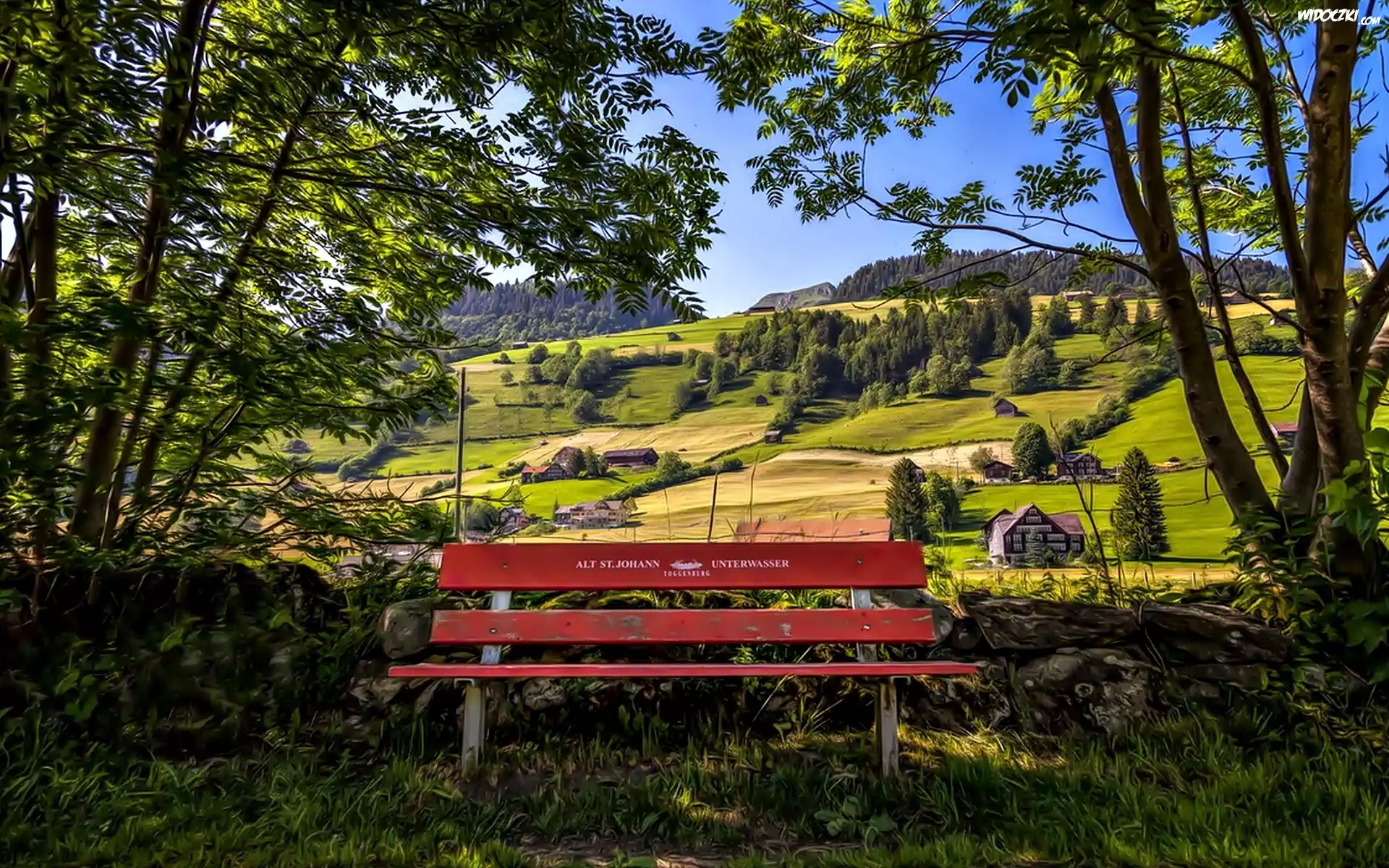Łąka, Drzewa, Domek, Ławka, Park, Wzgórza