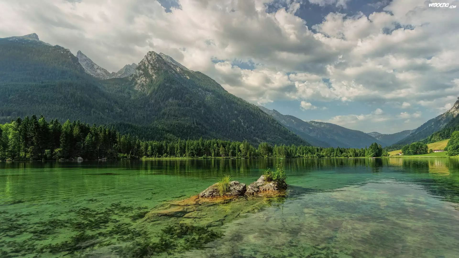 Góry Alpy, Jezioro Hintersee, Drzewa, Skały, Bawaria, Niemcy