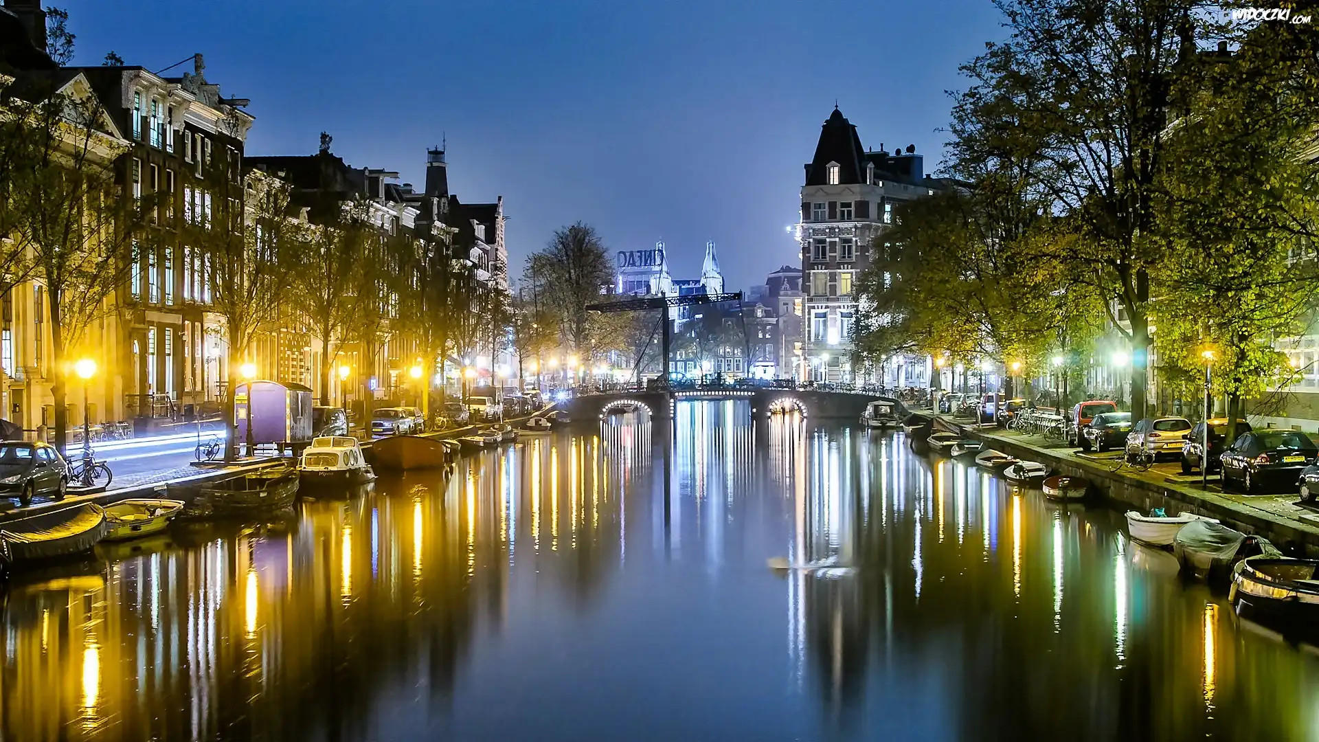 Amsterdam, Nocą, Kamienice, Kanał, Most, Łódki