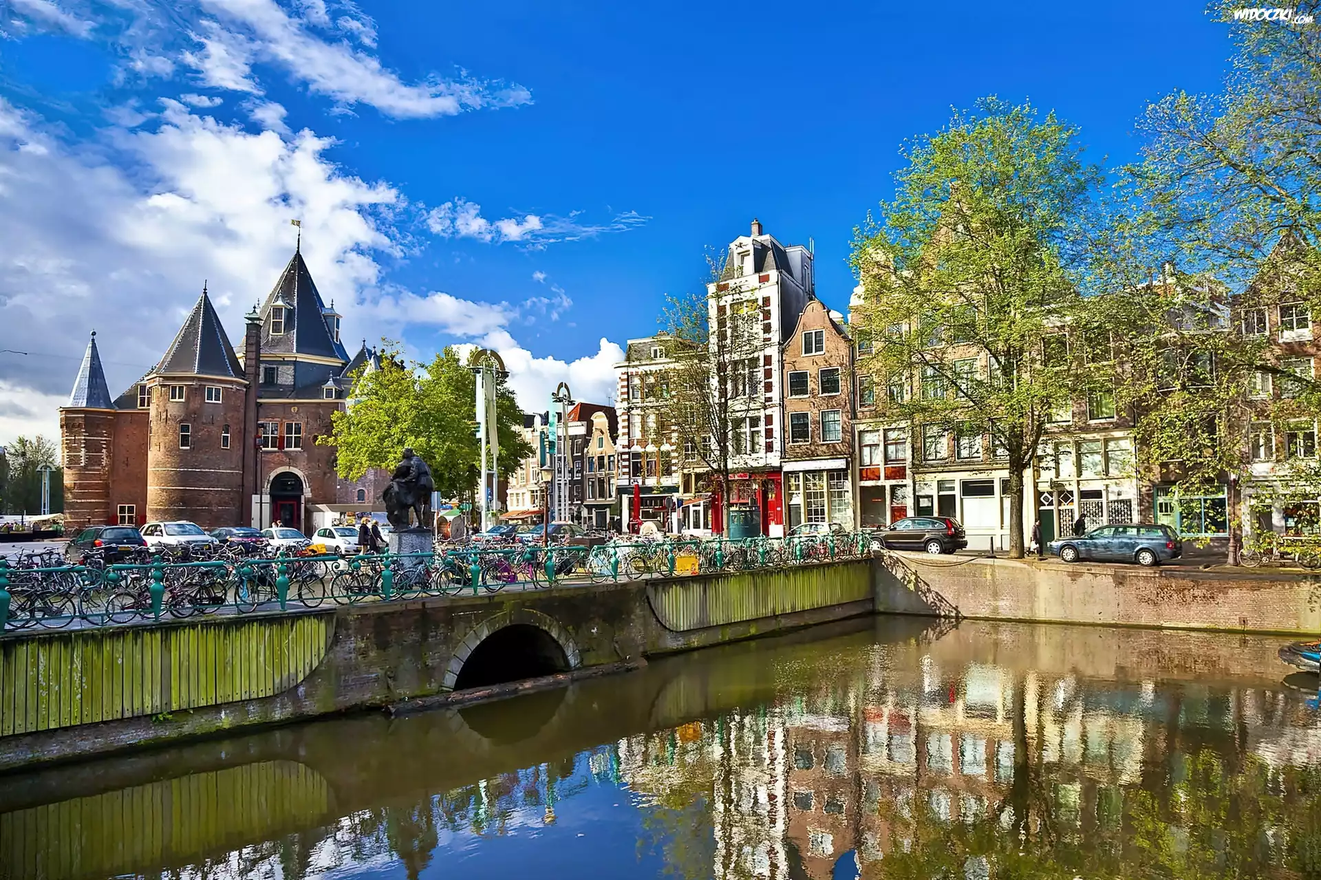 Amsterdam, Panorama, Miasta, Kanał, Most, Rowery