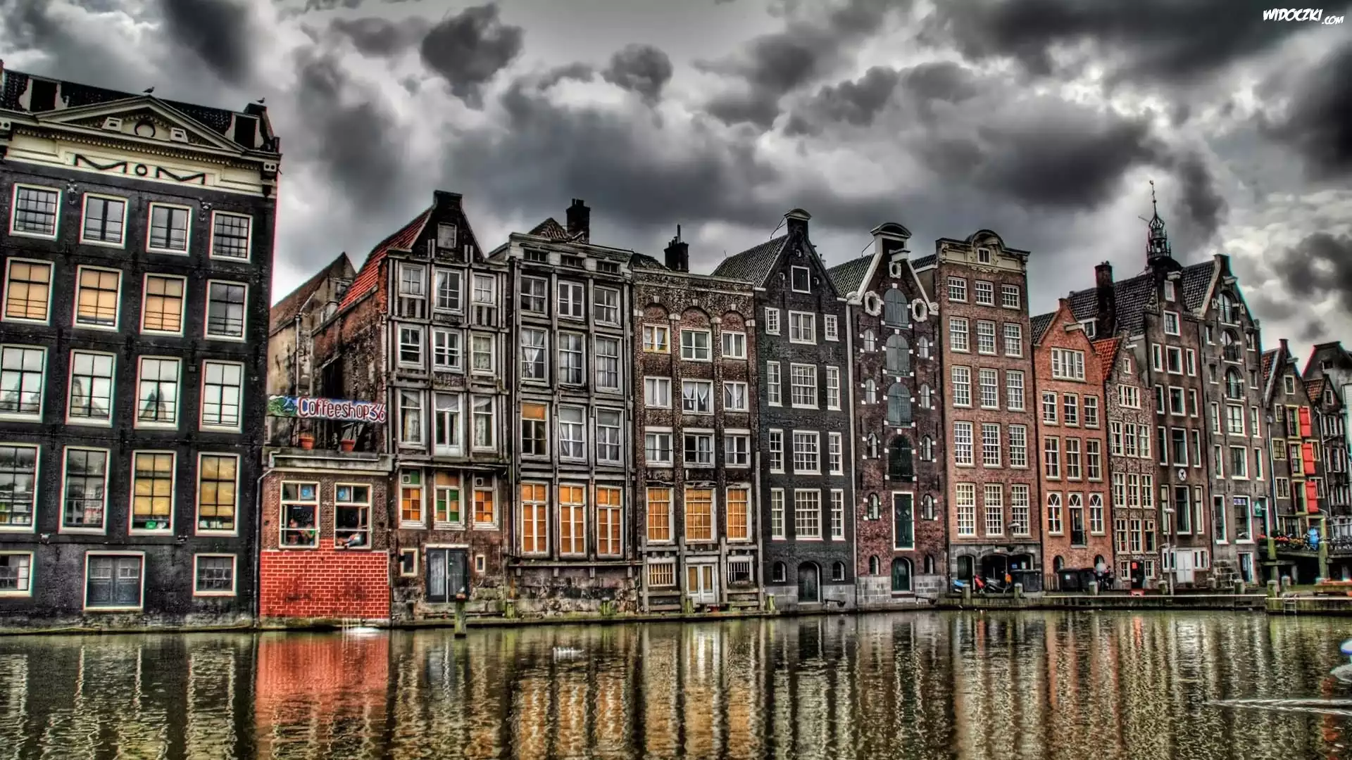 Amsterdam, Kamieniczki, Nad Kanałem, Pochmurne, Niebo