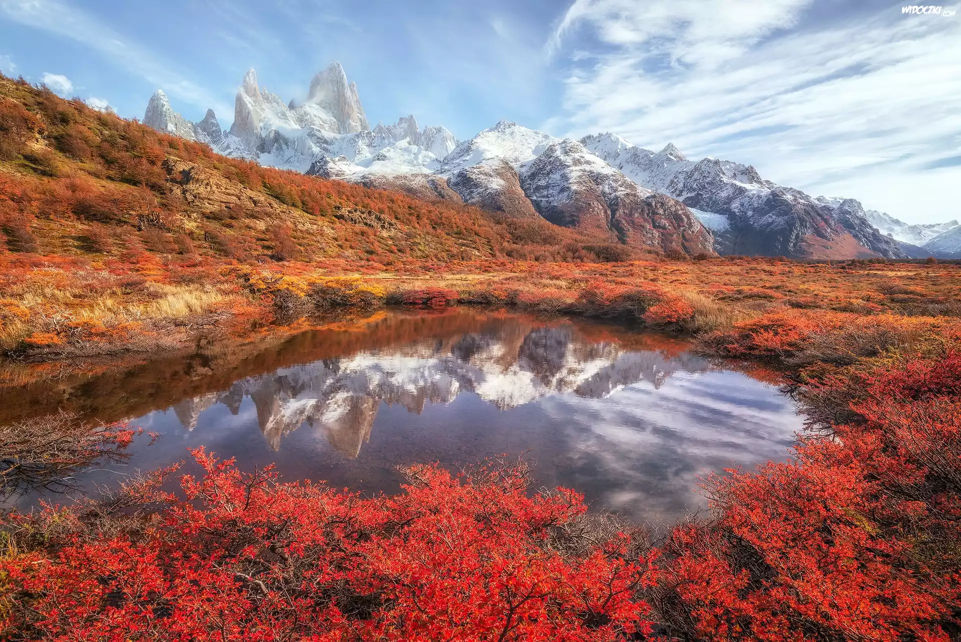 Argentyna, Patagonia, Kałuża, Odbicie, Góry Andy, Szczyt Fitz Roy, Kolorowa, Roślinność, Jesień