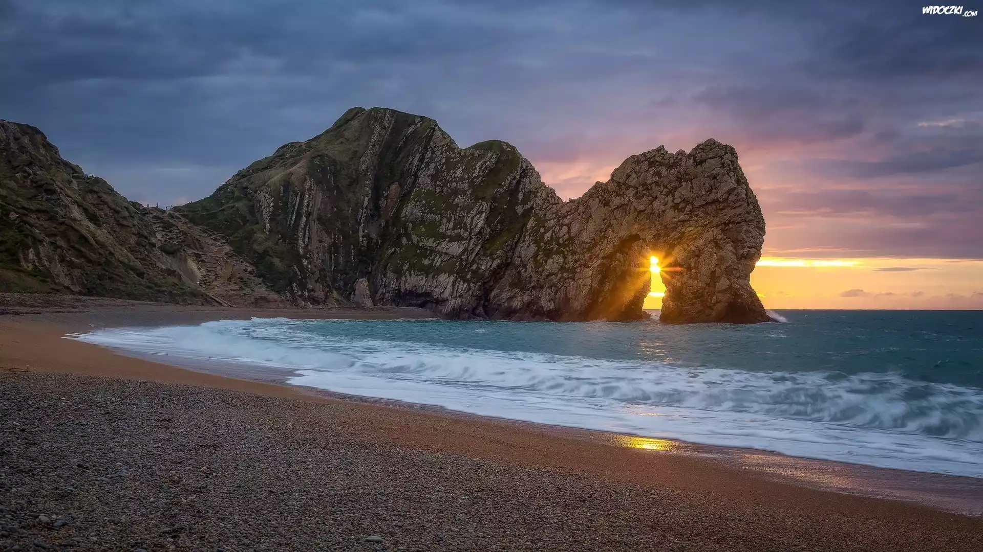 Anglia, Wybrzeże Jurajskie, Łuk Durdle Door, Kanał La Manche, Morze, Skały, Promienie słońca