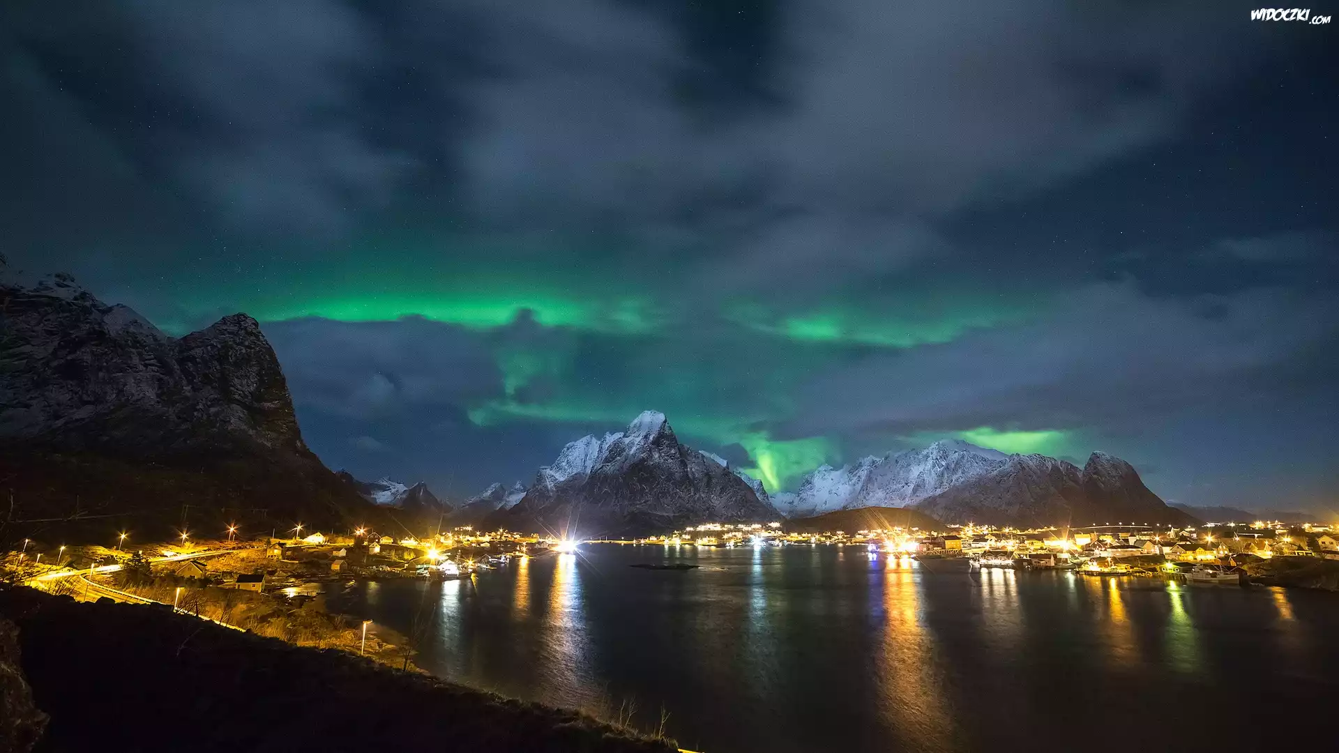 Lofoty, Archipelag, Góry, Miasto, Statki, Noc, Norwegia