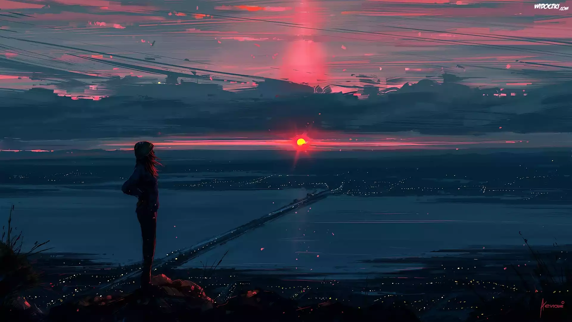 Digital Art, Dziewczyna, Most, Rzeka, Zachód słońca