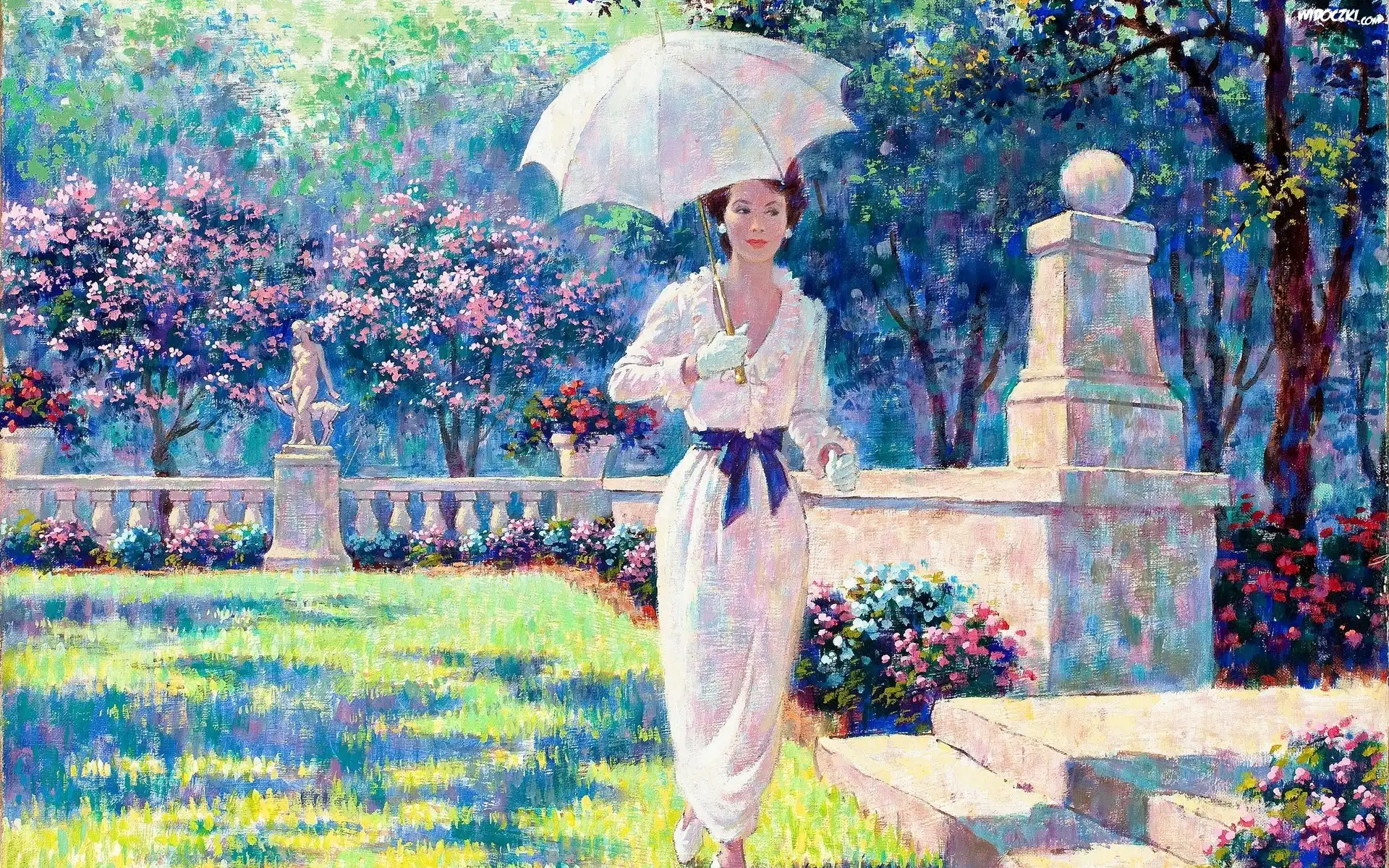 Obraz, Arthur Saron Sarnoff, Kobieta, Ogród, Parasolka