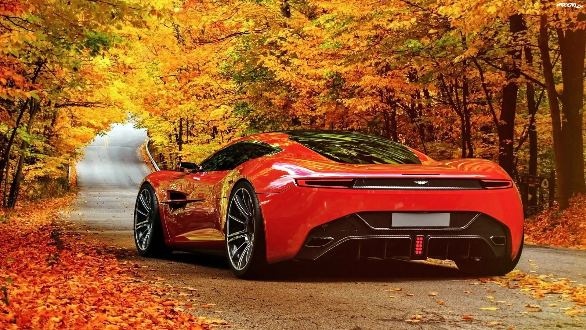 Czerwony, Aston, Martin, DBC, Jesień, Las, Droga