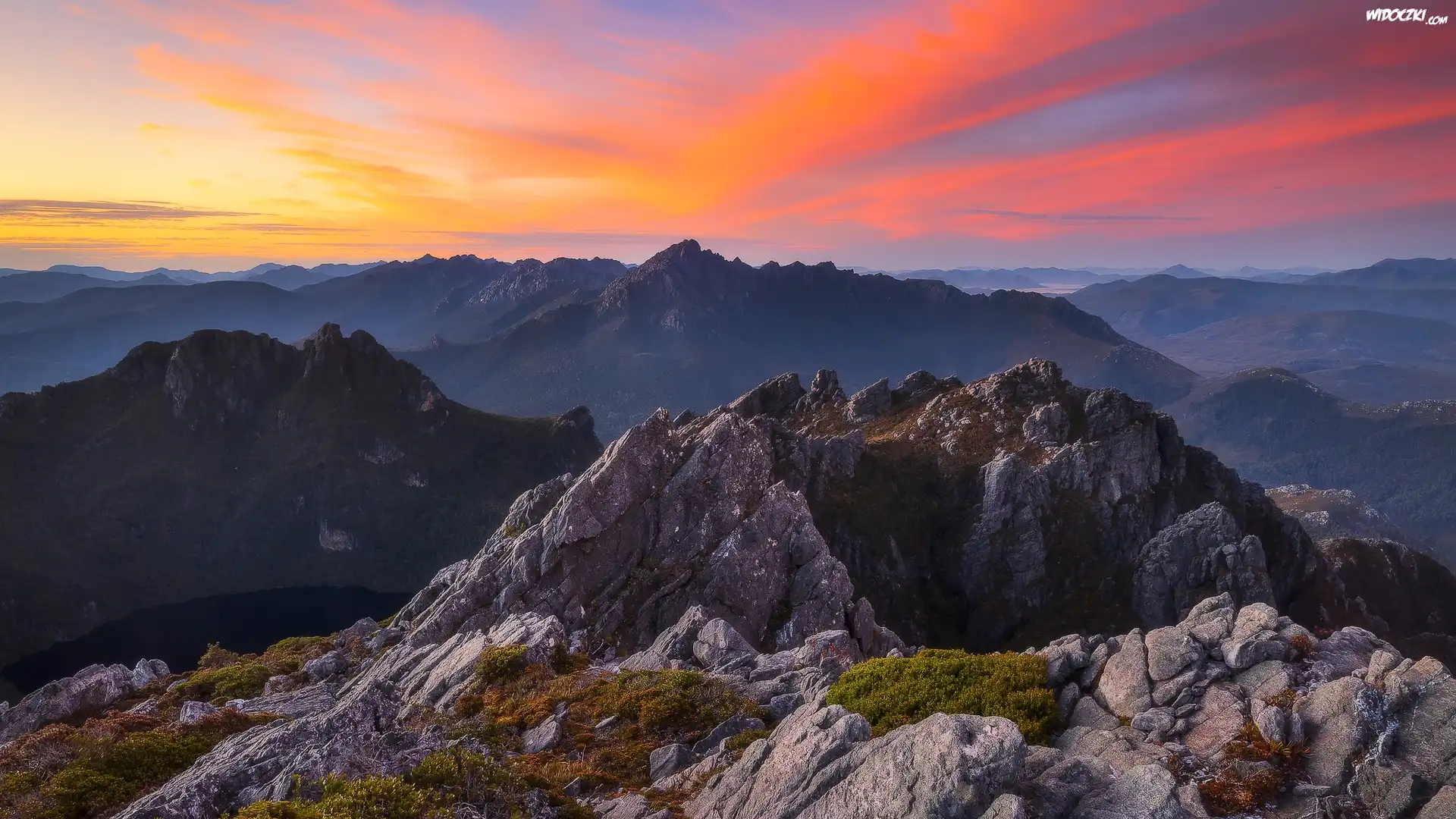 Zachód słońca, Góry, Arthur Range, Skały, Tasmania, Australia