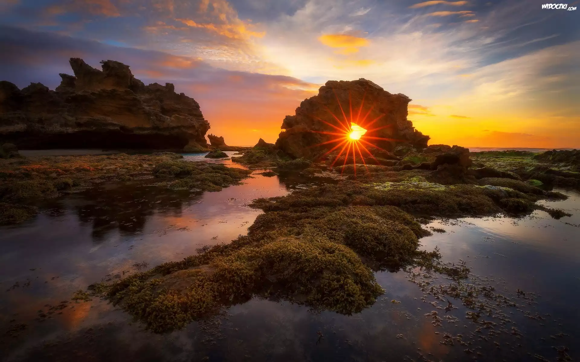 Australia, Półwysep Mornington, Park Narodowy Mornington Peninsula, Plaża Bridgewater Bay, Zatoka, Zachód słońca, Skały, Roślinność