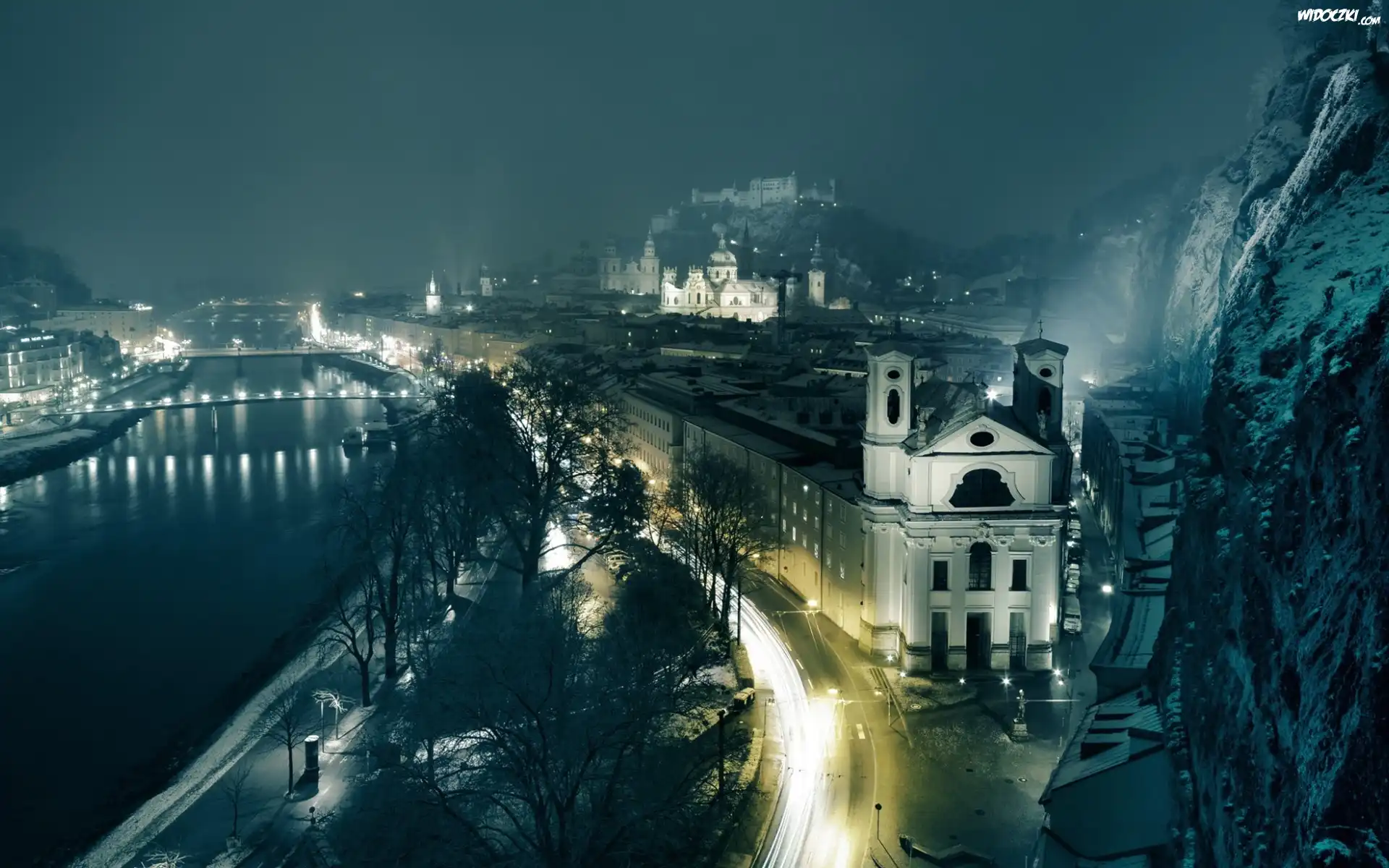 Austria, Salzburg, Miasto, Noc, Mgła