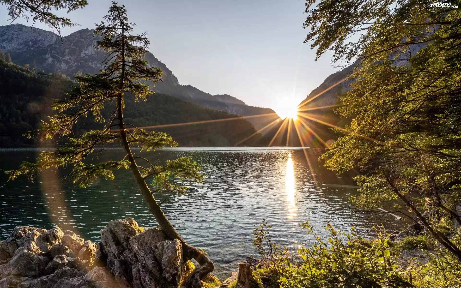 Drzewa, Promienie słońca, Góry Hochschwabgruppe, Jezioro Leopoldsteinersee, Styria, Austria