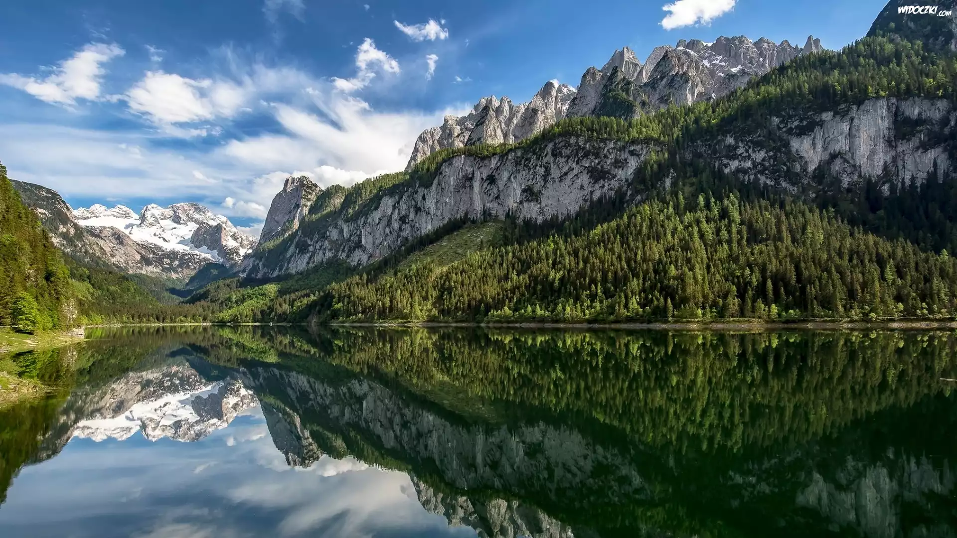 Góry Dachstein, Jezioro Gosau, Vorderer Gosausee, Drzewa, Chmury, Odbicie, Austria