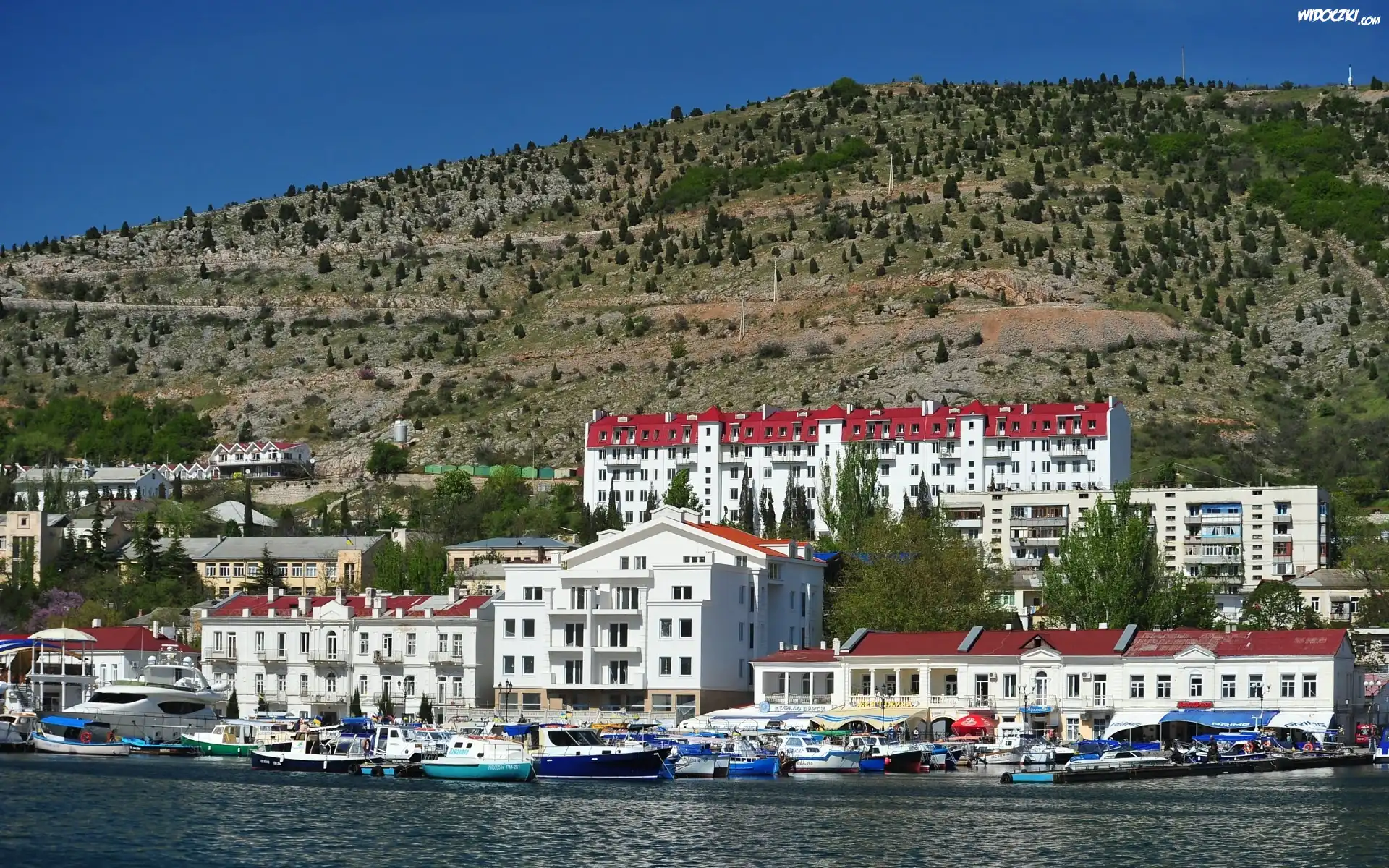 Ukraina, Balaklava, Miasto, Domy, Morze, Port, Wzgórze