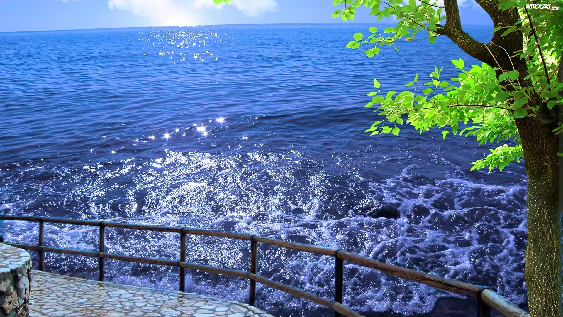 Ocean, Balustrada, Drzewo