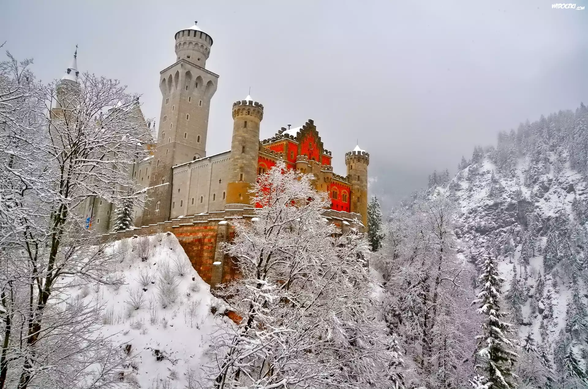 Niemcy, Bawaria, Zamek Neuschwanstein, Skały, Drzewa, Zima