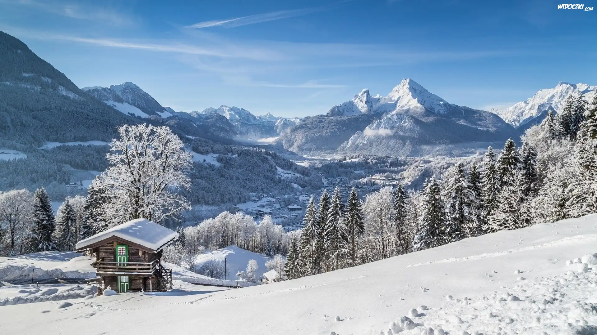 Niemcy, Berchtesgaden, Zima, Góry, Drzewa, Dom, Śnieg