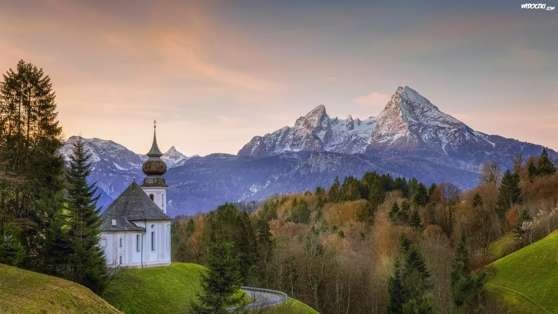 Niemcy, Bawaria, Berchtesgaden, Kościół, Sanktuarium Maria Gern, Góry, Alpy Salzburskie, Drzewa