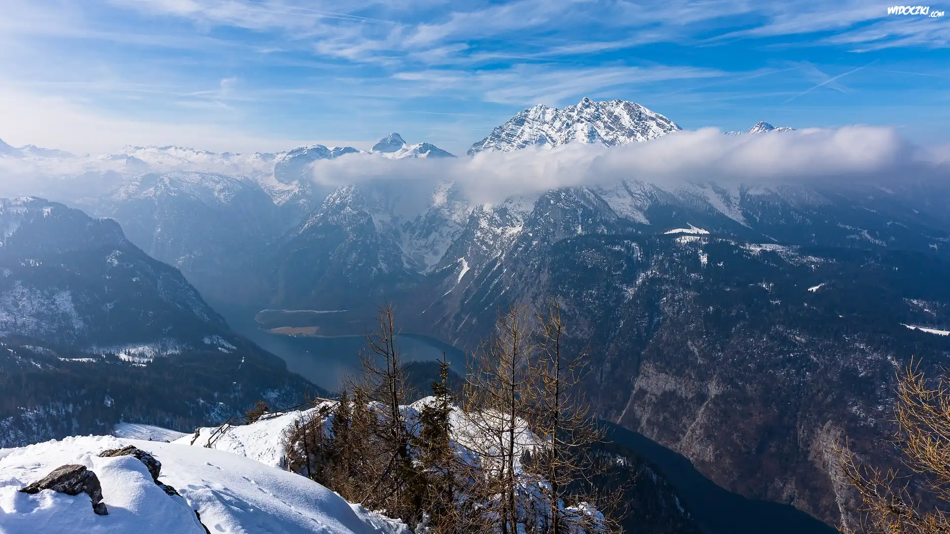 Zima, Góry, Alpy Berchtesgadeńskie, Śnieg, Drzewa, Niemcy