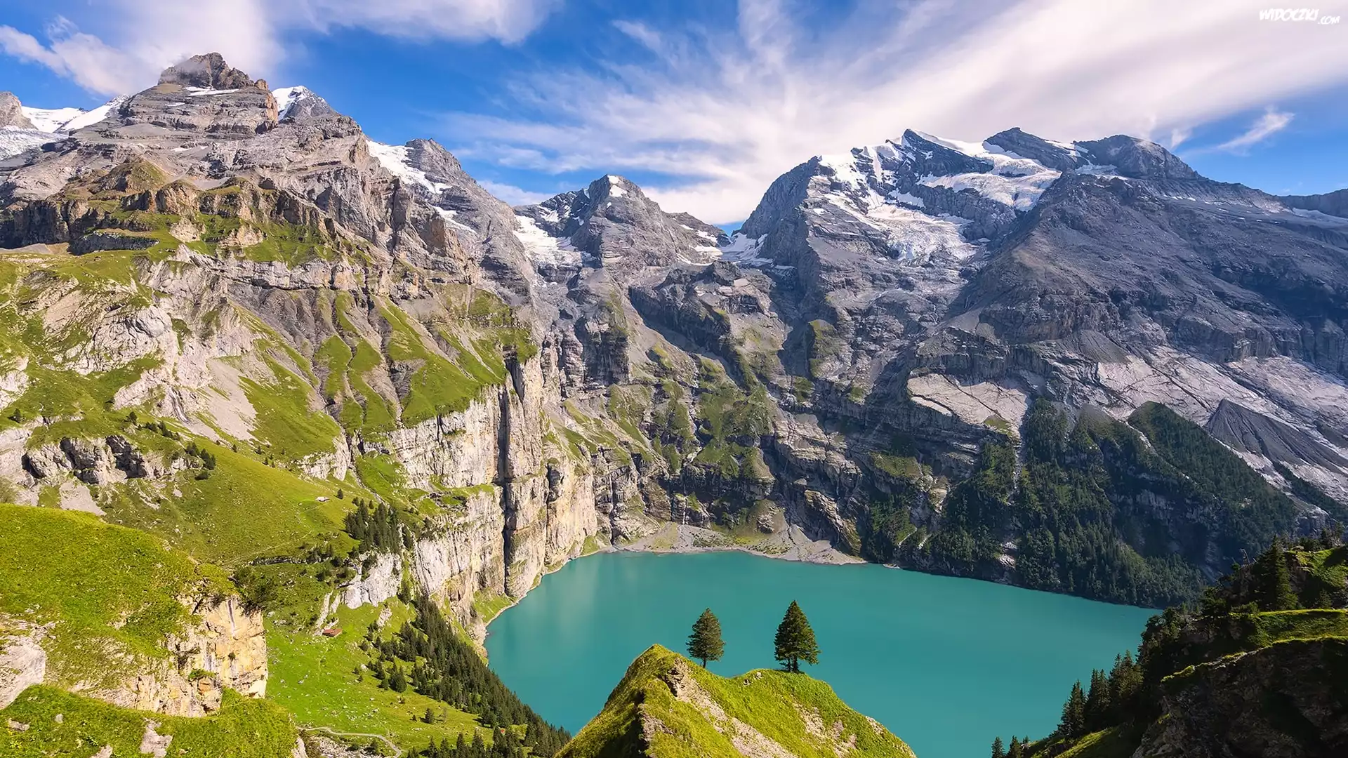 Szwajcaria, Kanton Berno, Góry, Alpy Berneńskie, Jezioro, Oeschinen Lake, Drzewa, Roślinność