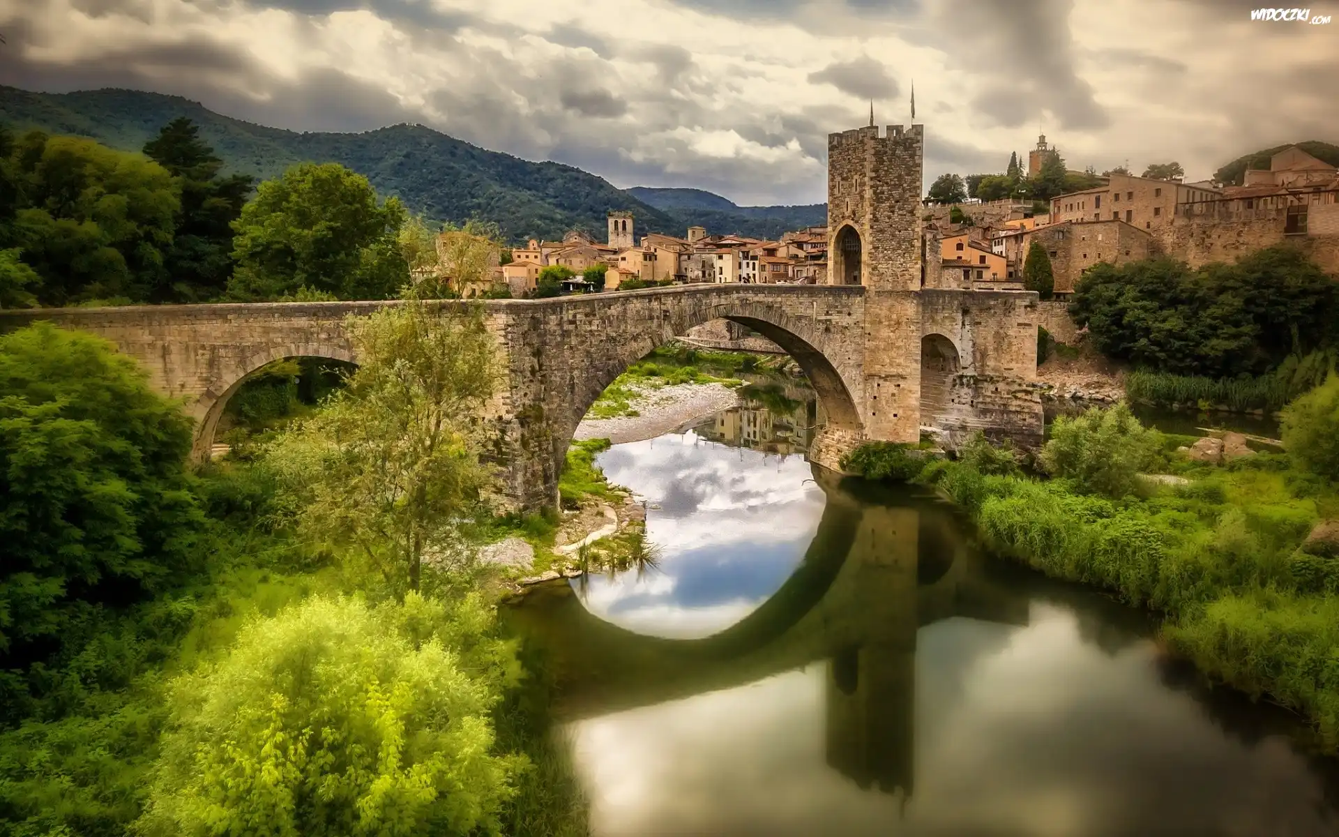 Besalu, Hiszpania, Most, Rzeka, Krzewy