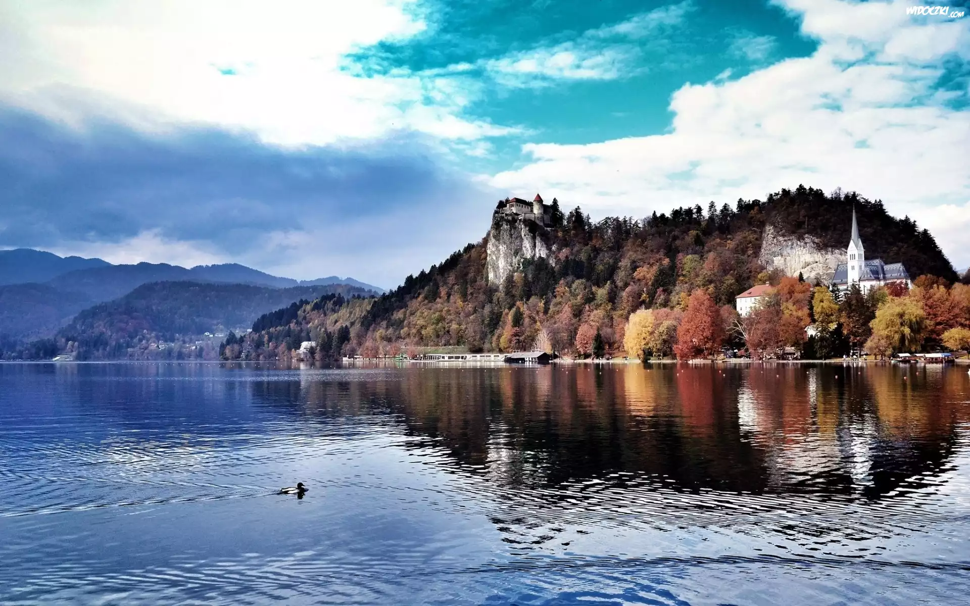 Słowenia, Bled, Jezioro Lake Bled, Kościół, Zamek Bled Castle